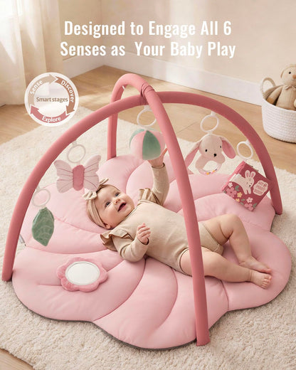 Blissful Diary Baby Play Gym Mat, Tummy Time with 6 Detachable Toys for Sensory & Motor Skill Development, Baby Activity Mat for Girl Boy Newborn Essentials Shower Gift, Pink Floral