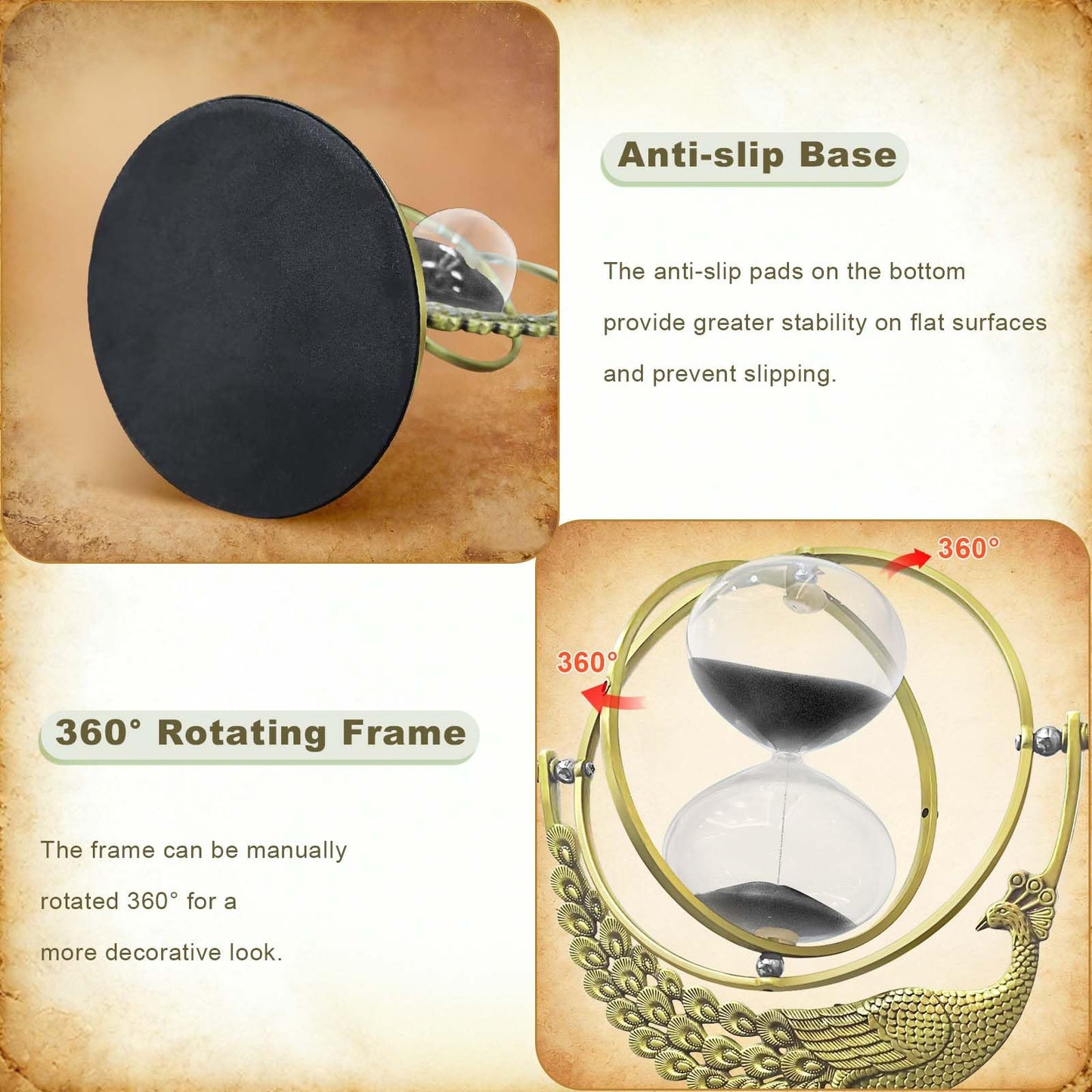 SuLiao Hourglass Sand Timer, 60 Minute Peacock Rotating Hour Glass, 60 Min Unique Black Sand Clock, Large 1 Hour Brass Sandglass, 1 hr Metal Decorative Reloj De Arena, Desk, Office, Home