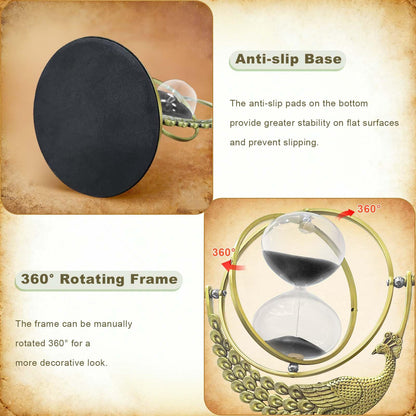 SuLiao Hourglass Sand Timer, 60 Minute Peacock Rotating Hour Glass, 60 Min Unique Black Sand Clock, Large 1 Hour Brass Sandglass, 1 hr Metal Decorative Reloj De Arena, Desk, Office, Home