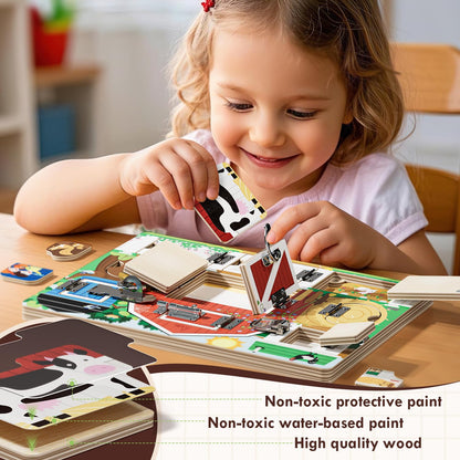 RRIBOUDWAN Wooden Latches Busy Board for 1-4 Year Old, Montessori Sensory Toys for Toddler, Farm Theme Educational Busy Book for Kids, Activity Board Gift for Kids