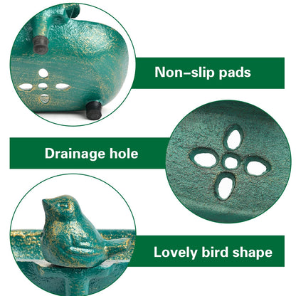 Sungmor Heavy Duty Cast Iron Hand Soap Holder - Lovely Bird Shaped & Antique Green Finish - Decorative Tabletop Soap Dish Tray for Kitchen Bathroom Sink - Practical Bath Soap Box Container