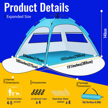 Beach Tent Sun Shelter – Pop Up Easy Setup in 3S Instant Tents for 4/5 Person Beach Umbrella Sun Shelter Shade, UV 50+ Protection, Wind Resistant, Lightweight Portable Baby Tents Shade for Family