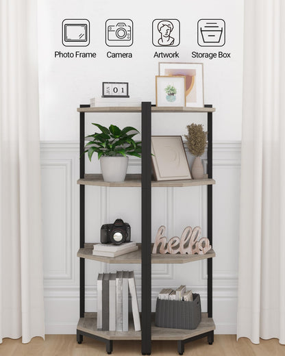 Hzuaneri Corner Shelf Stand, Corner Bookshelf, Storage Standing Shelf Unit with Metal Frame, Plant Stand, Bookcase for Living Room, Home Office, Bedroom, 4-Tier Greige CS05805B