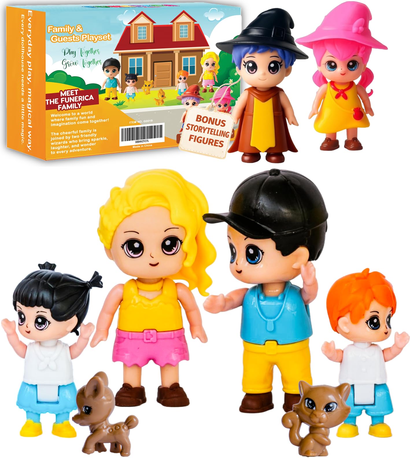 FUNERICA Dollhouse Family Figures & Pets – Poseable Family Dolls Set – Miniature Dollhouse People - Compatible Doll House Accessories for 1:12 & 1:24 Wooden & Plastic Dollhouses + Bonus Figures