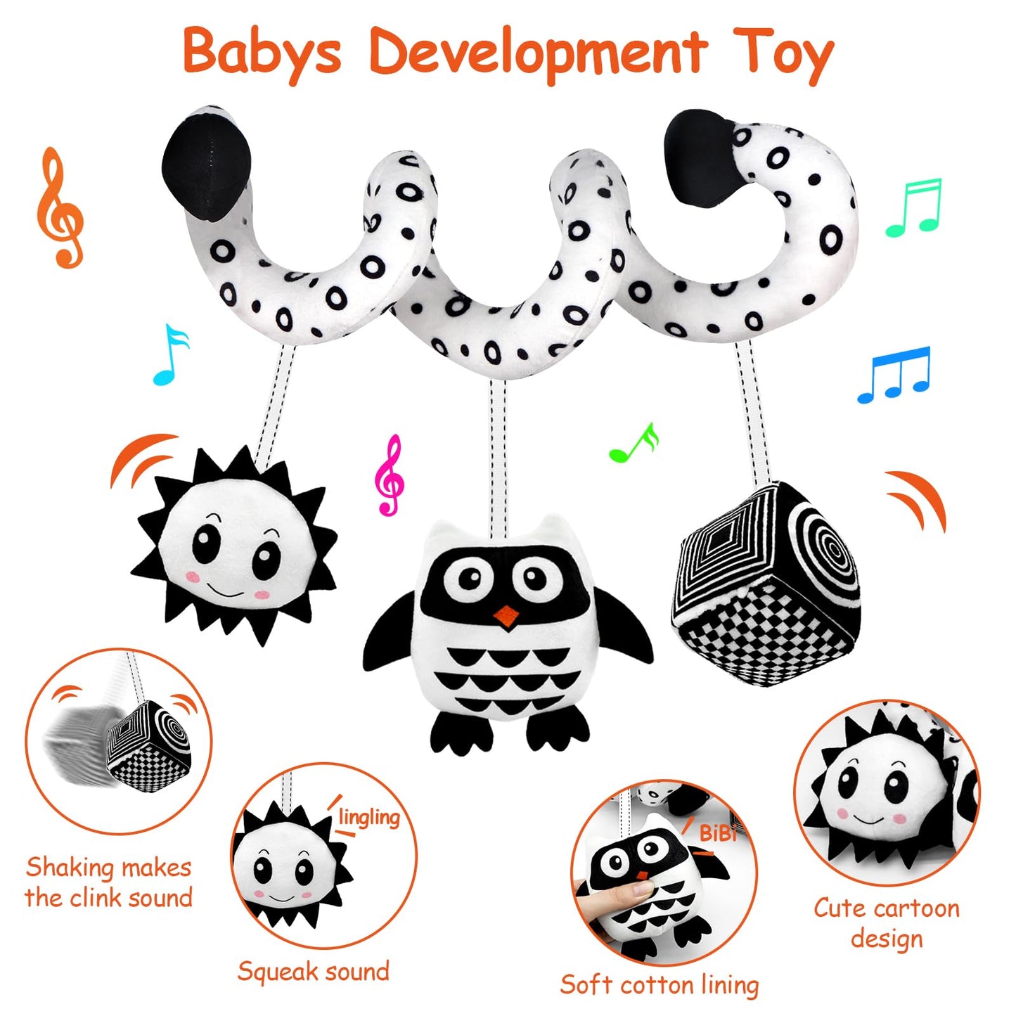 SAMMAS Baby Spiral Hanging Stroller and Car Seat Toys for Babies 0-6 Months Newborn Plush Activity Toys for Bed Bassinet Crib Baby Carrier Gifts (owl)