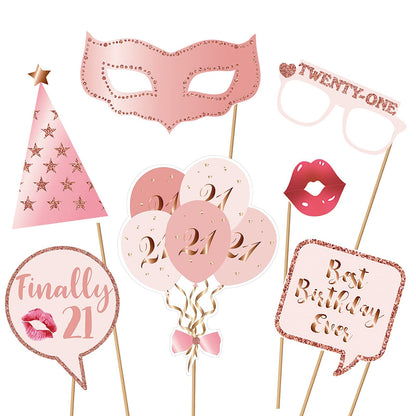 Rose Gold 21st Birthday Party Photo Booth Props Kit with Sticks for Girls Women - Selfie Props, Signs, Decorations & Favors