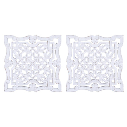 Woodify Hand-Carved Wooden Wall Décor – Set of 2, 12" x 12" Decorative Wood Panels, Floral Design, White Antique Finish, Wall Art for Living Room & Home Décor