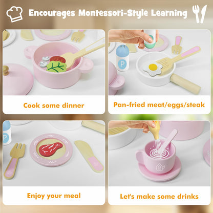 SimpliPlay Wooden Toy Plates and Dishes for Kitchen Set, 30PCS Montessori Play Kitchen Accessories for Toddlers with Toy Pots and Pans, Wooden Play Cooking Set for 3-8 Years Girls & Boys