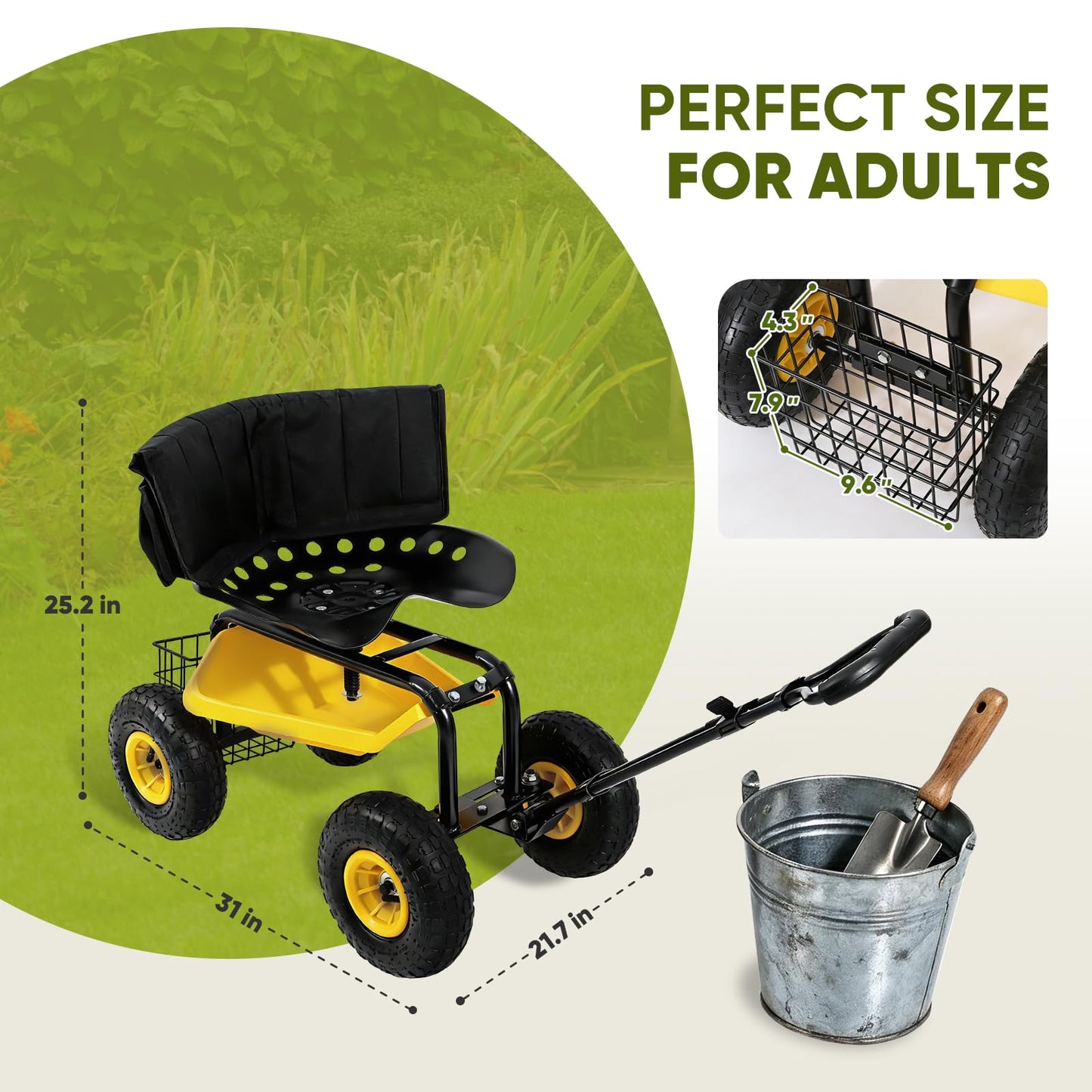 Sekey Garden Cart Rolling Workseat with Backsupport & 360° Swivel Seat, Heavy Duty Garden Scooter with Adjustable Height, Tool Tray, All-Terrain Wheels, 440 lbs Capacity for Seniors & Gardeners