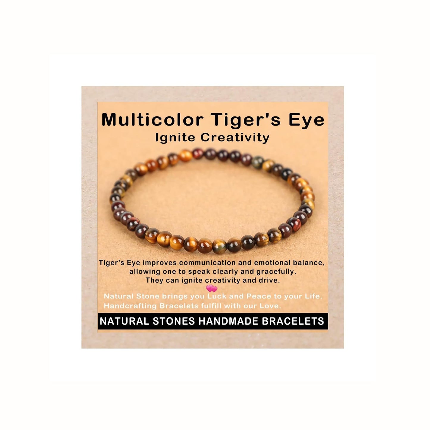 AD Beads Handmade Gemstone Stretch Elastic Bracelet Crystal Healing Reiki Nature's Beauty and Spiritual Essence Unisex (4mm, Multicolor Tiger's Eye (Ignite Creativity))