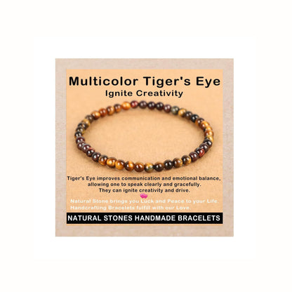 AD Beads Handmade Gemstone Stretch Elastic Bracelet Crystal Healing Reiki Nature's Beauty and Spiritual Essence Unisex (4mm, Multicolor Tiger's Eye (Ignite Creativity))