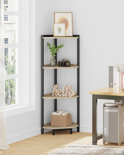 Hzuaneri Corner Shelf Stand, Corner Bookshelf, Storage Standing Shelf Unit with Metal Frame, Plant Stand, Bookcase for Living Room, Home Office, Bedroom, 4-Tier Greige CS05805B