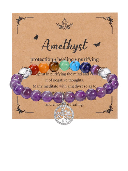 MANIFO Amethyst Chakra Crystals Bracelet for Women Healing Crystal Bracelet Natural Gemstone Beaded Bracelets with Life Tree Charm Jewellery Valentines Christmas Gifts