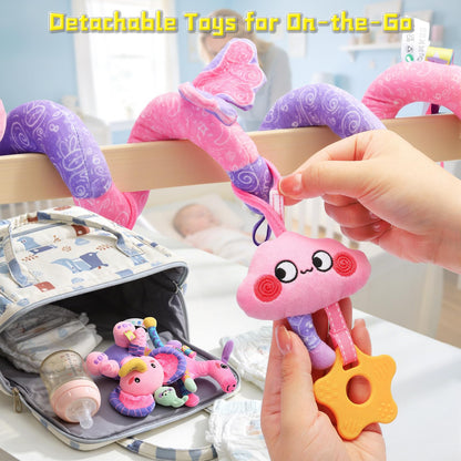 Zendstanding Musical Car Seat Toy for Babies 0-12 Months Girl, 5-in-1 Sensory Activity Hanging Toy Stroller Toy with Soothing Music, Rattle, Mirror for Newborn Infants Essential Gifts, Unicorn