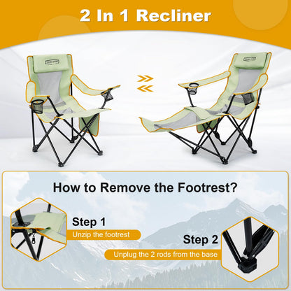 YOUNG WOOD Camping Lounge Chair, Portable Reclining Camping Chair with Foot Rest, Folding Camping Chair for Adults, Headrest & Storage Bag, Mesh Recliner with Backpack, 330lbs Weight Capacity，Green