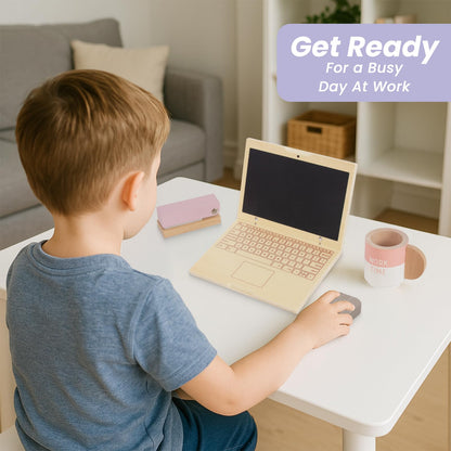 Wooden Pretend Play Home Office Set for Kids,10Pcs Office Playset with Wooden Toy Laptop & Phone,Toddlers Beverage Cup for Preschool Kid Ages 3+ Years
