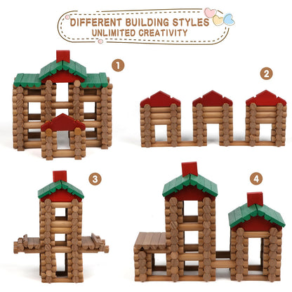Wondertoys 208 Pcs Wooden Log Set - Classic Building Logs Ages 3+ - Best Retro Building Gift Set for Boys - Creative Construction Engineering Educational Gifts