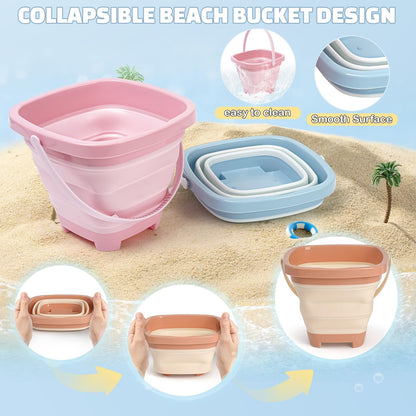 Dreamon Beach Toys Set for Kids 3-10, Collapsible Sand Buckets with Beach Molds and Mesh Bag, 3 Pack Shovels Set Sand Toys for Beach, Sandbox Travel Toys for Toddlers Kids