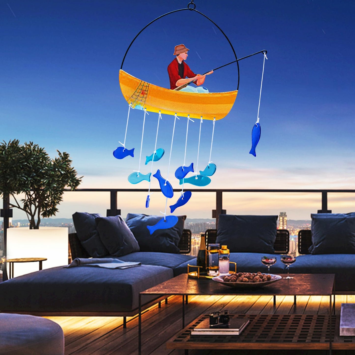 X-PREK 21" Fish Wind Chimes for Outside, Blue Sea Glass Wind Chimes Garden Decor, Windchimes Outdoors Suncatcher Gift for Women, Mom, Grandma, Unisex