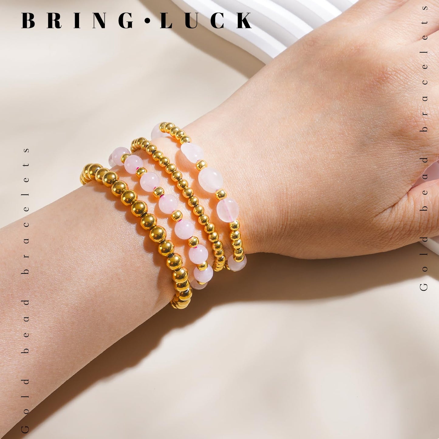 MORIANCE Rose Quartz Bracelet for Women Rose Quartz Crystal Jewelry Gold Bracelets for Women Stack Gold Bead Bracelets Pink Beaded Crystal Gemstone Bracelet