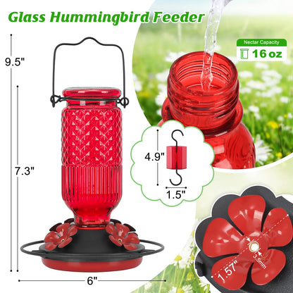 FEED GARDEN Glass Hummingbird Feeder, 16oz Outdoor Hanging Bird Feeder with Ant Moat, 4 Bee-Proof Feeding Ports, 360° Perch, Leak-Proof, Red