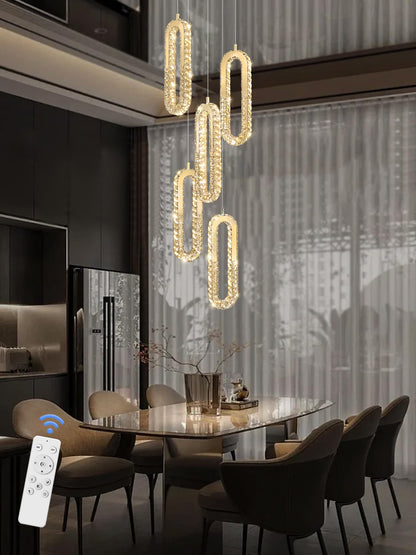 ykolupty 5-Lights Modern Crystal Chandelier for High Ceiling LED Dimmable Ring Pendant Chandeliers Stairwell Chandelier Lighting Gold