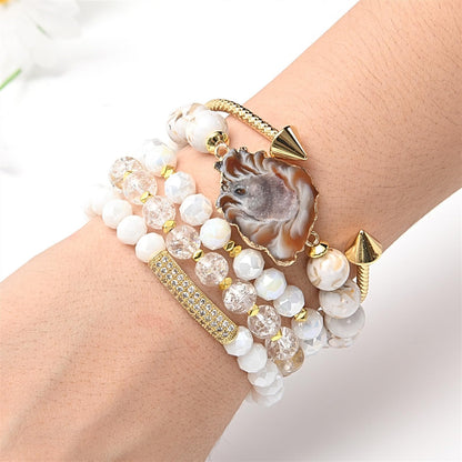 BOPOW 5PCS Beaded Bracelets/Bangle for Women, Multilayered Stackable Elastic Natural Howlite Agate Crystal Stones Bracelets Set Handmade Boho Jewelry Gift for Women
