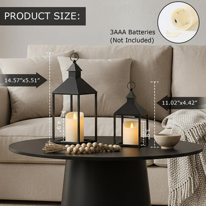 Sunnyfuture Lantern Decorative Outdoor/Indoor Set of 2 (15" & 11") Black Metal Candle Lanterns with Flameless, Farmhouse Decoration for Home, Porch, Garden, Mantle, Wedding
