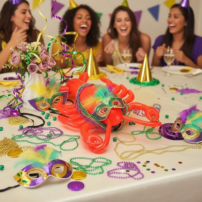 LaRandom 16 Pcs Mardi Gras Inflatable Lobster Decor 23.6 in with Mask and Purple Green Gold Beads Necklace for Mardi Gras Inflatable Decorations Yard Table Centerpieces Outdoor Decor