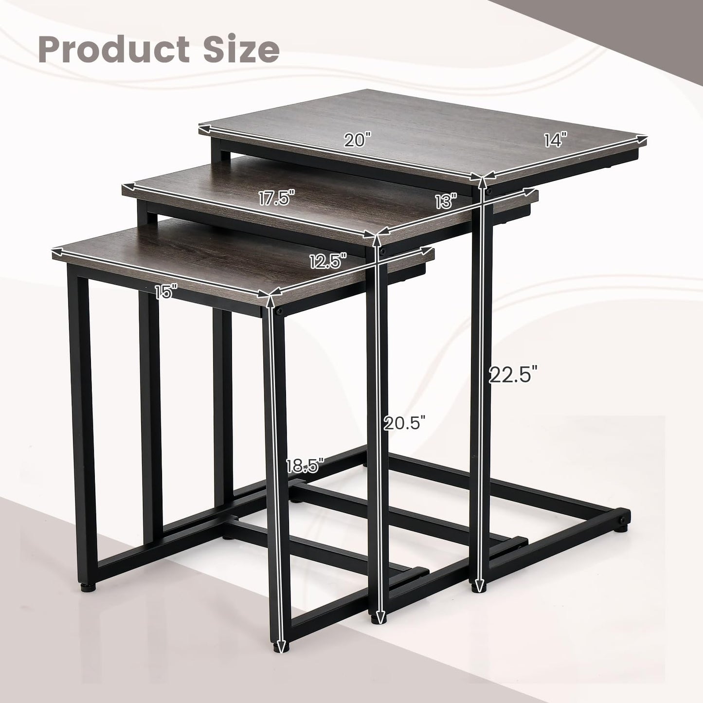 Tangkula Nesting Table Set of 3, Rectangle Stacking Side End Table w/Wood Top & Metal Legs, Adjustable Foot Pads, C-Shaped Accent Coffee Tables for Small Spaces, Living Room (C-Shaped, Gray, 3-pc)