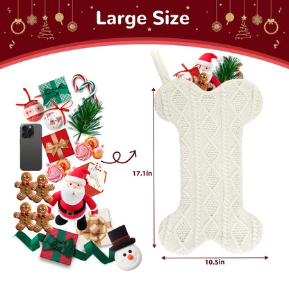 KCFESTIHUE Christmas Stocking, Large Dog Bone Shape, Super Soft Cable Knit Pattern, 18", Fireplace Hanging Holiday Decoration, Knitted Xmas Stockings for Pets, Family Party Décor, White