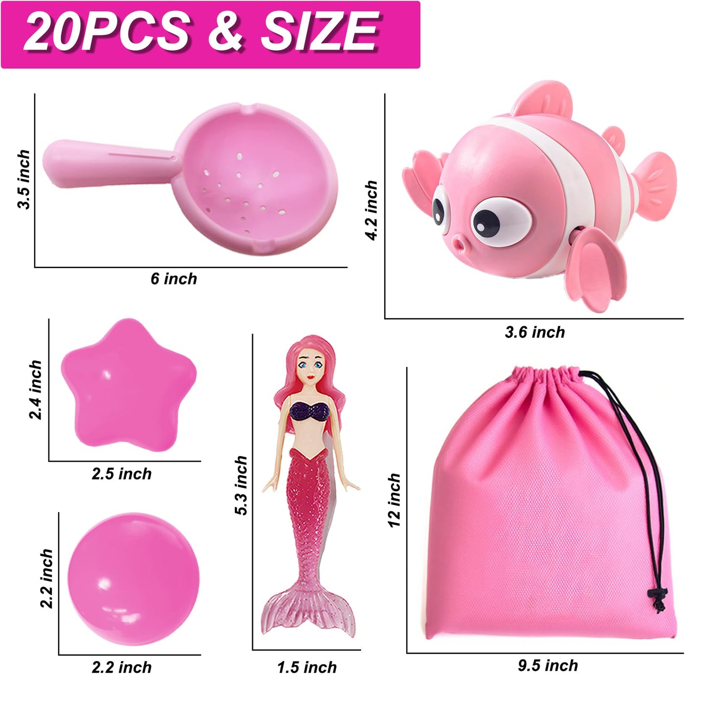 Baby Bath Toys for Kids - 20 PCS Little Mermaid Dolls, Wind Up Swimming Fish, Balls, Scoop and Storage Bag. Mold-Free Toddler Water Toys for Bathtub and Pool Diving, Gift for Girls Ages 1-3, 4-8