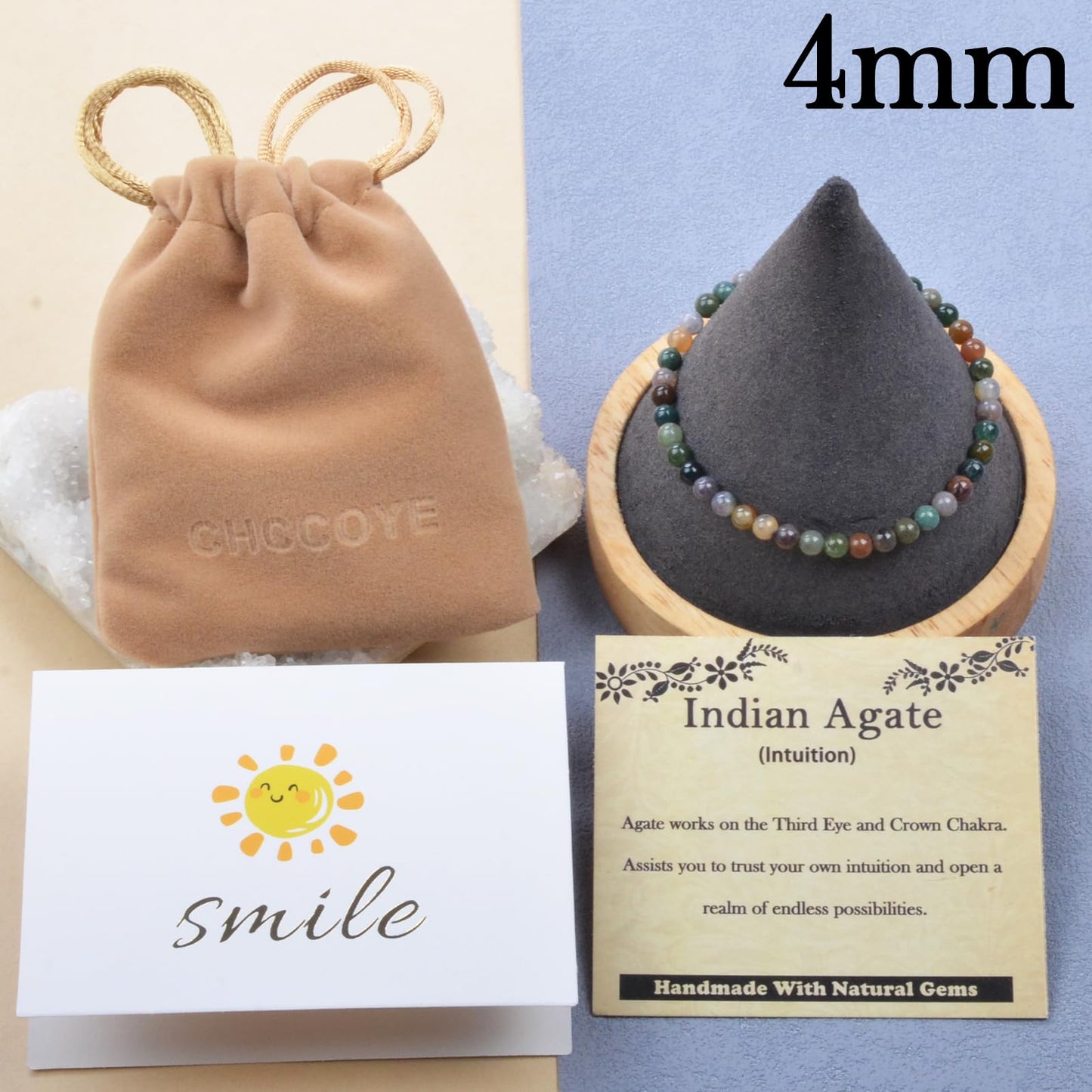 CHCCOYE 4mm Handmade Adjustable Natural Gemstone Crystal Bracelet Healing Power Energy Inspirational Gifts with Card for Unisex (Indian Agate)
