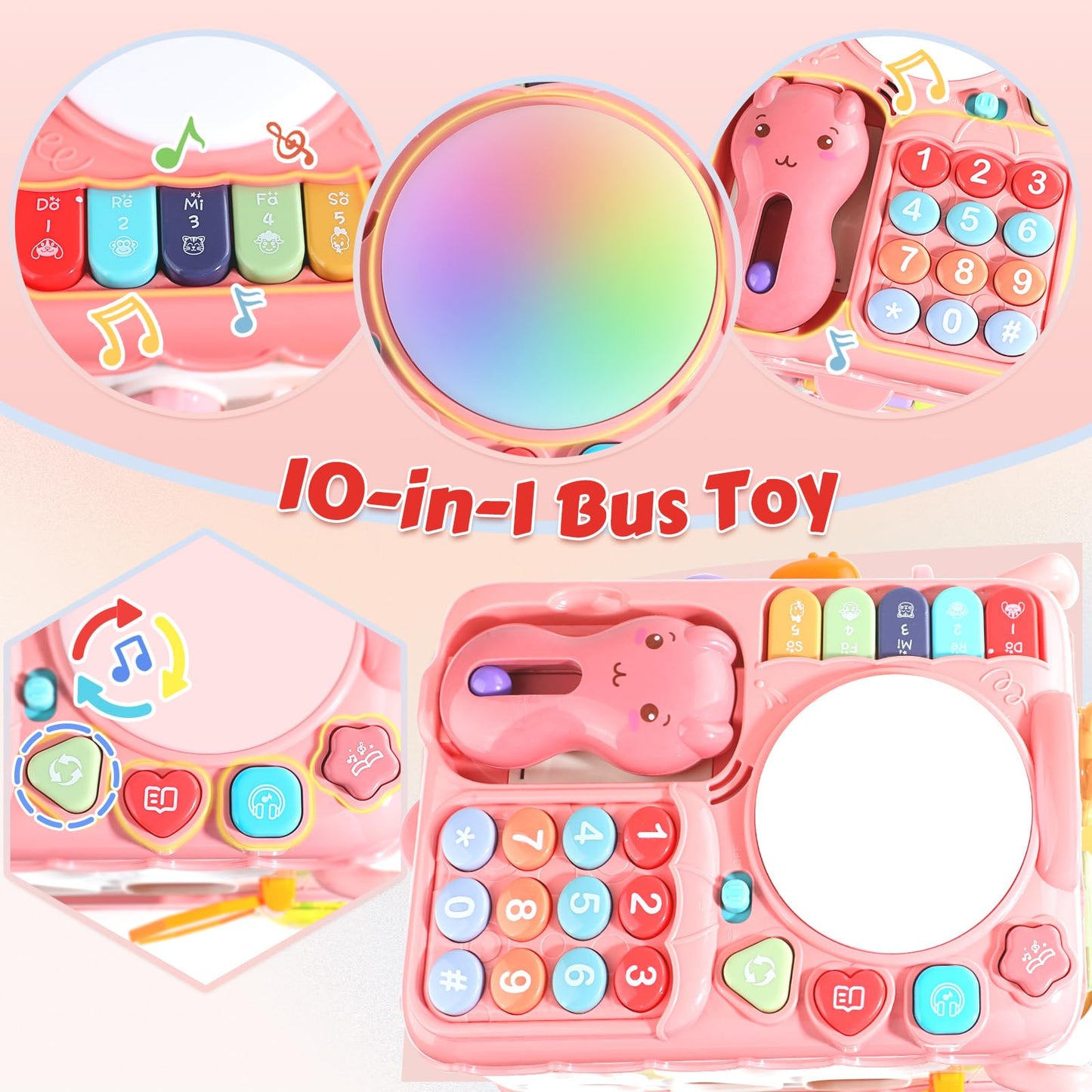 HAYXUN Montessori Toy for 1+ Year Old Girls, 10-in-1 Musical Learning Bus Baby Toys for 12-18 Months Present, Educational Developmental Sensory Toy, First Birthday Gifts for 1 Year Old Girl Toddlers