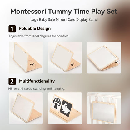 IEATFO Tummy Time Play Set Adjustable Angle, Double-Sided Design, Montessori Tummy Time Toys Large Baby Safe Mirror and Card Display Stand with Black and White High Contrast Baby Cards