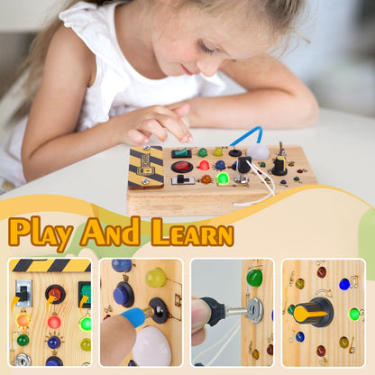 Hoarosall Montessori Wooden Busy Board with 8 LED Light switches, Sensory Toys Light Switch Travel Toys for 1+ Year Old Baby and Toddler
