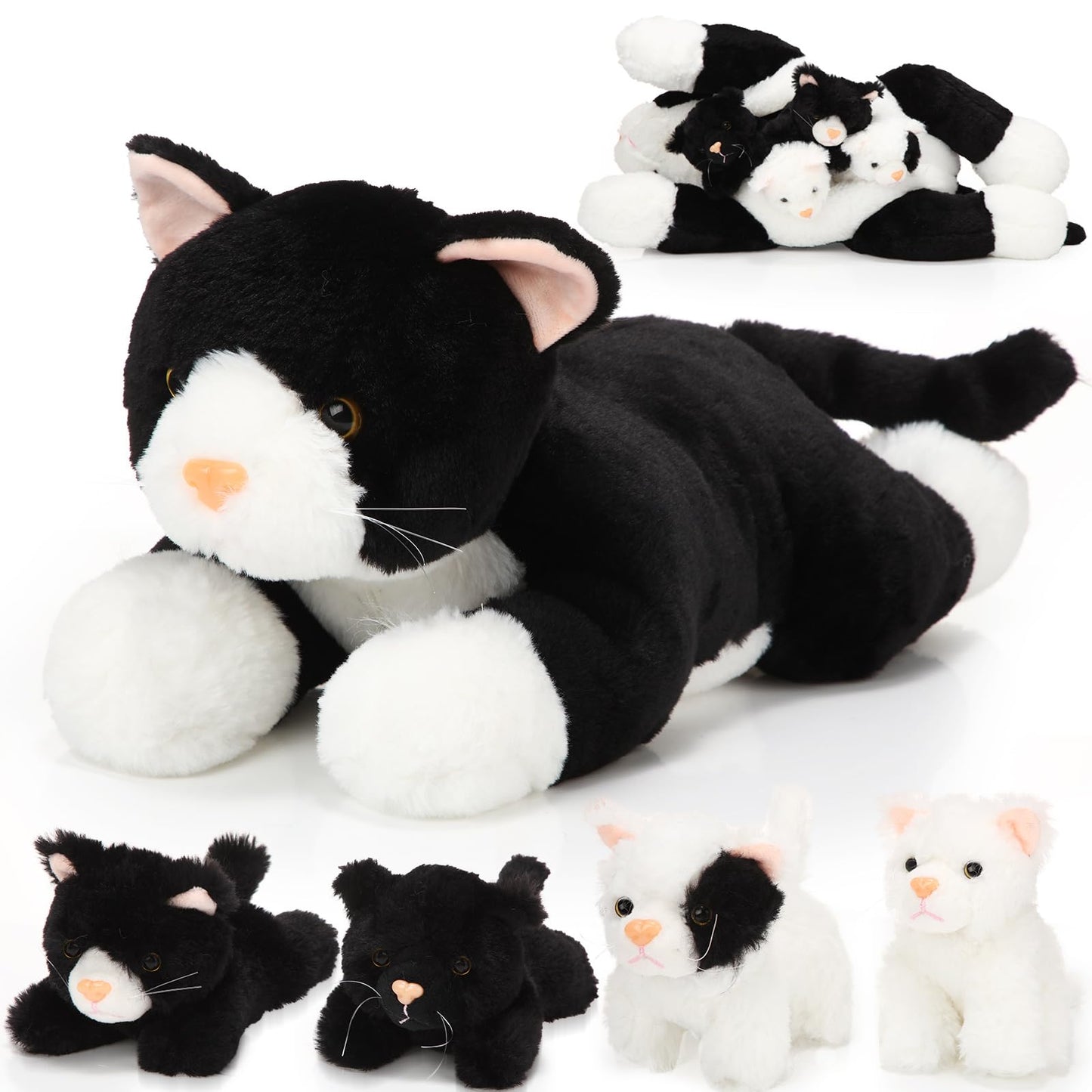 Skylety 5 Pieces Cat Stuffed Animal with Babies Inside Belly Plush Cat Pregnant Mommy Kitty with 4 Cute Fluffy Stuffed Kittens Christmas Birthday Surprise Gifts(Black, White)