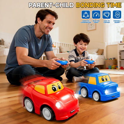 DULONIME Remote Control Car 2 Year Old, Toddler RC Cars Ages 2-4 Boy, 2-Pack 2.4 GHz Truck and Race Car with Sound and Light, Easy Electrical Remote Control Toy Gifts for Boys Girls 3 4 5+ Year Old