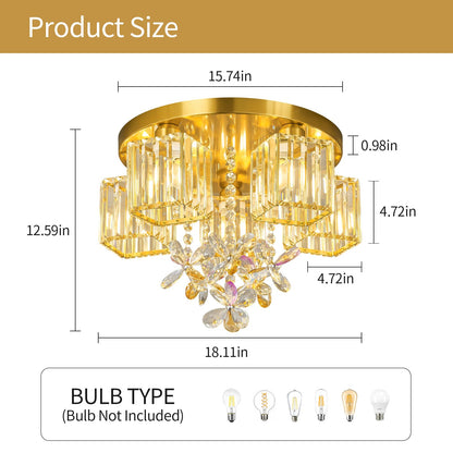 zhllmq 5 Light Gold Crystal Ceiling Light Flush Mount Ceiling Light Crystal Close to Ceiling Light Fixtures for Living Room Bedroom Kitchen Hallway