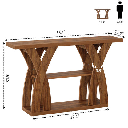 Tarnorci Console Tables, 55-Inches Walnut Console Table with Storage 3-Tier Farmhouse Narrow Entryway Table for Living Room, Hallway, Foyer(Brown)