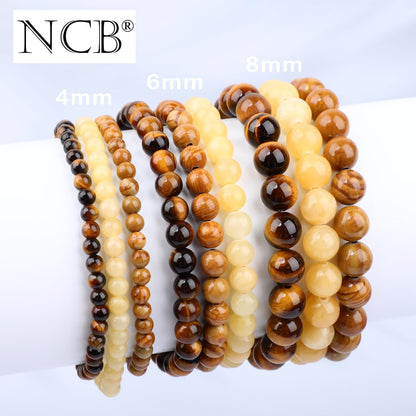 NCB 3-Piece 6mm Natural Crystal Gemstone Stretch Bracelets – ﻿Woodgrain Jasper, Yellow Jade, Yellow Tiger's Eye Handmade Reiki Energy Healing Jewelry for Meditation,Yoga, Unisex