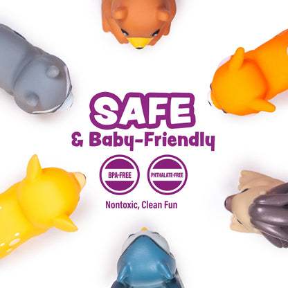 Tub Works® Woodland Animals Watertight Baby Bath Toys, 6 Pack | Sealed, No Hole Bath Toys Design Keeps Moisture Out | Soft, Squeezable & Float on Water | Easy-Grip Toddler Bath Toy Set for Kids Bath
