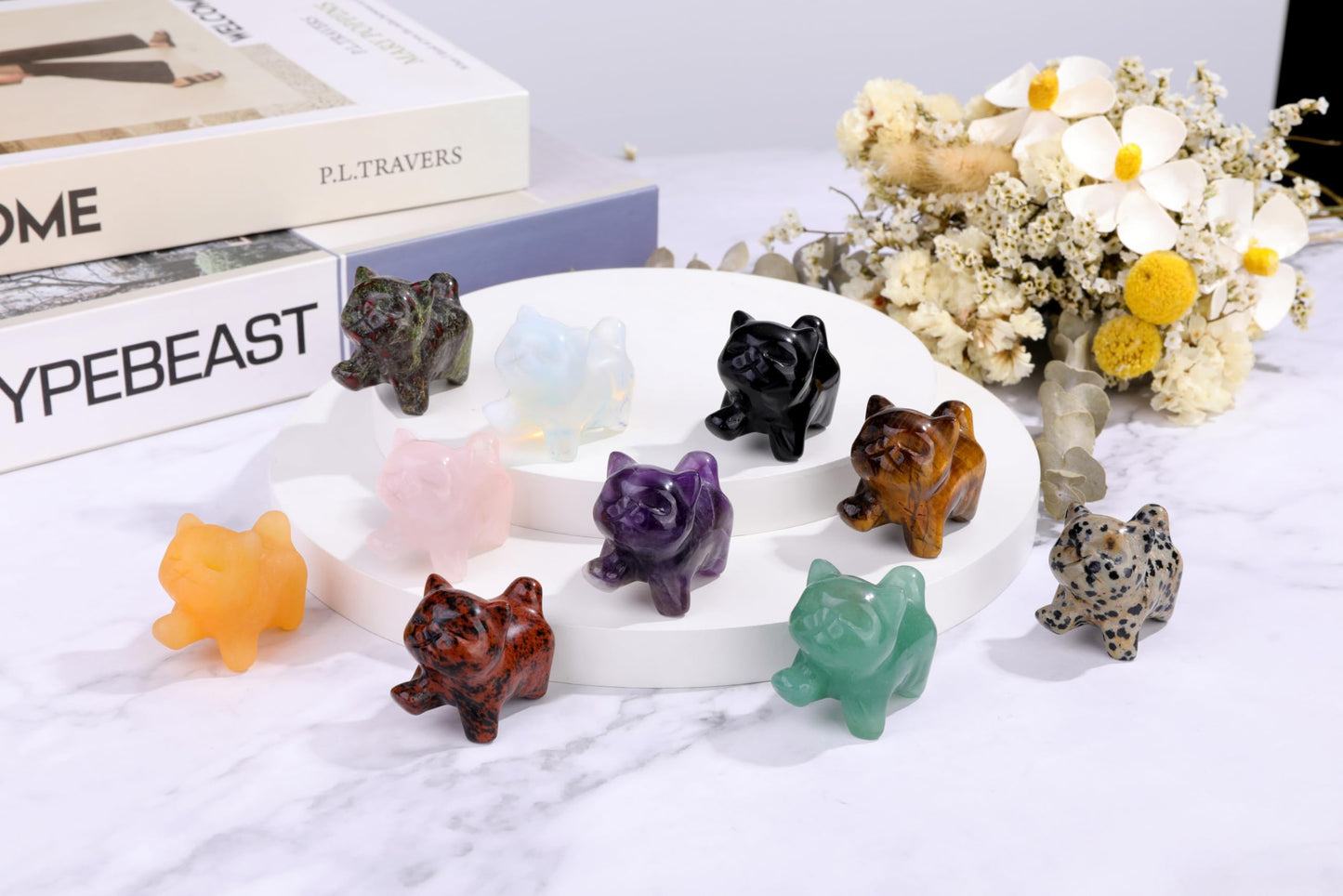 Top Plaza 1 PC Rose Quartz Crystal Cute Cat Figurine Gifts Carved Healing Lucky Home Decor Natural Gemstone Cats Collectibles Pocket Sculpture for Cat Lovers