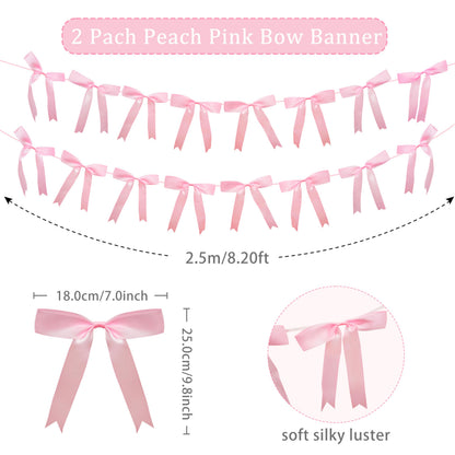 2pcs Pink Bow Garland Banner, Satin Ribbon Decorations for Coquette Theme Birthday and Bridal Shower Party Decor (Bow)
