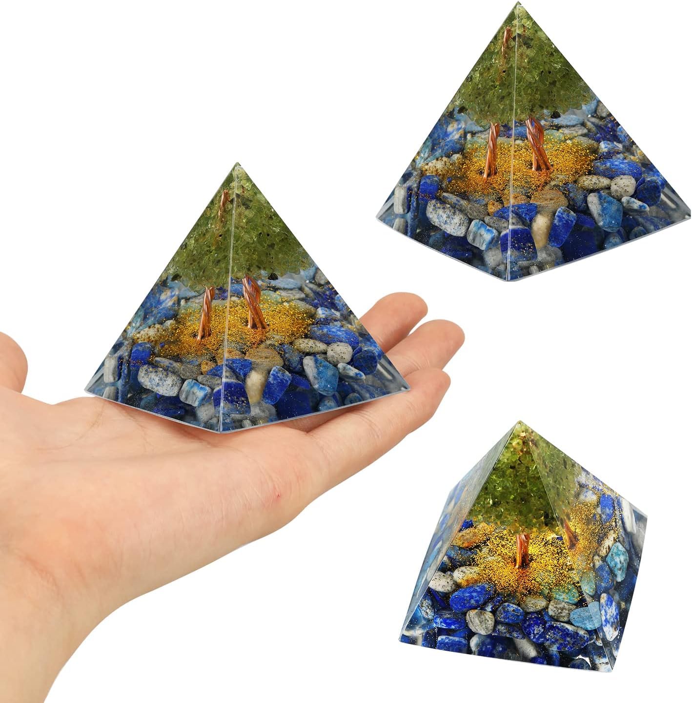EternalOrgone Tree of Life Orgone Pyramid for Positive Energy, Orgonite Peridot&Lapis Lazuli Healing Crystal Pyramids for Reduce Stress Chakra Reiki Healing Meditation Attracts Lucky and Success
