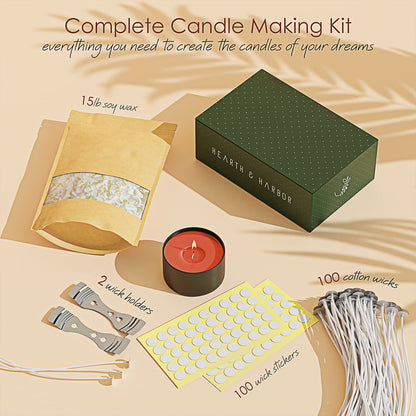 Hearth & Harbor Soy Candle Wax for Candle Making, Natural Soy Wax for Candle Making 15 lb Bag with Supplies, 100 Cotton Candle Wicks, 100 Wick Stickers, 2 Centering Devices - 15 Pounds Soy Wax Flakes