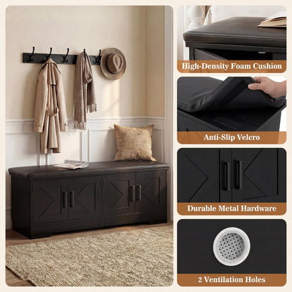 Farmhouse Shoe Storage Bench with Cushion - 43.3" Entryway Bench with Storage & 4 Barn Doors, 2-Tier Wooden Shoe Rack Bench, Hidden Shoe Cabinet & Mudroom Bench for Bedroom Hallway Living Room, Black