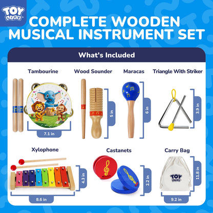 TOY Life Toddler Musical Instruments for Kids, Baby Musical Toys for Toddlers 1-3, Montessori Wooden Toys Percussion Instruments Set with Tambourine Xylophone Maracas for Kids Preschool Education