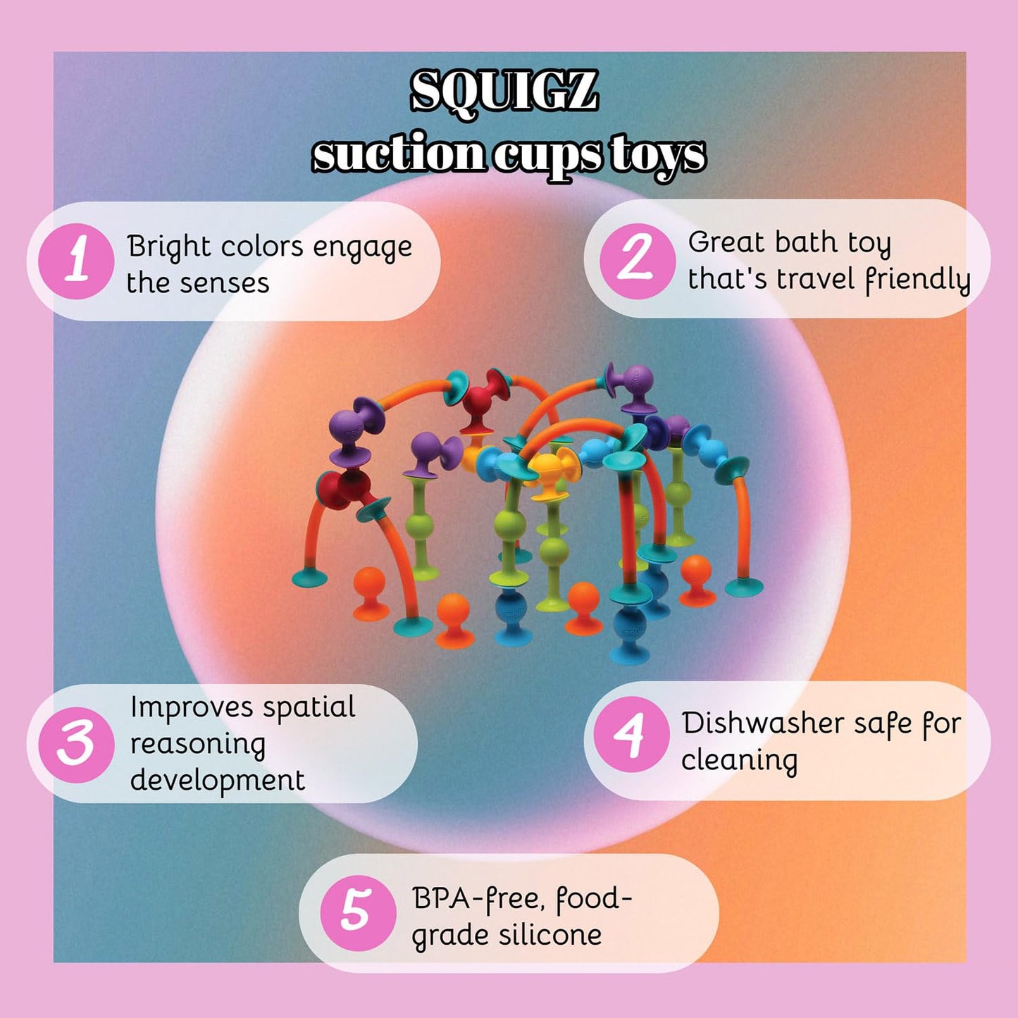 Fat Brain Toys Squigz 75 Piece Set - Suction Cup Set With Storage Bag, BPA Free Silicone Sensory Wall Toys, Stem Building Toys, Kids Travel