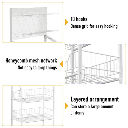 Qriocioa Retail Snack Display Rack 4-Tier White Metal Candy Potato Chip Metal Wire Display Shelf Brackets with Wheels & Hooks Multifunctional Snack Shelf Organizer for Pantry Kitchen, White